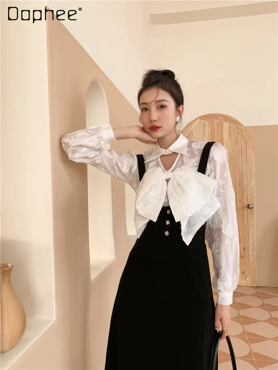 

2021 New Autumn French Style Younger Shirt Female Niche Lightly Mature Western Style Fairy Bow White Top Button Up Shirt