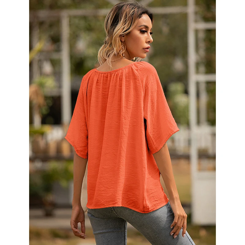 

Women V-Neck Short Sleeve Casual Shirt Summer Solid Color Fashion Loose Button Lady Tops Pullover Comfortable Elegant Large Size