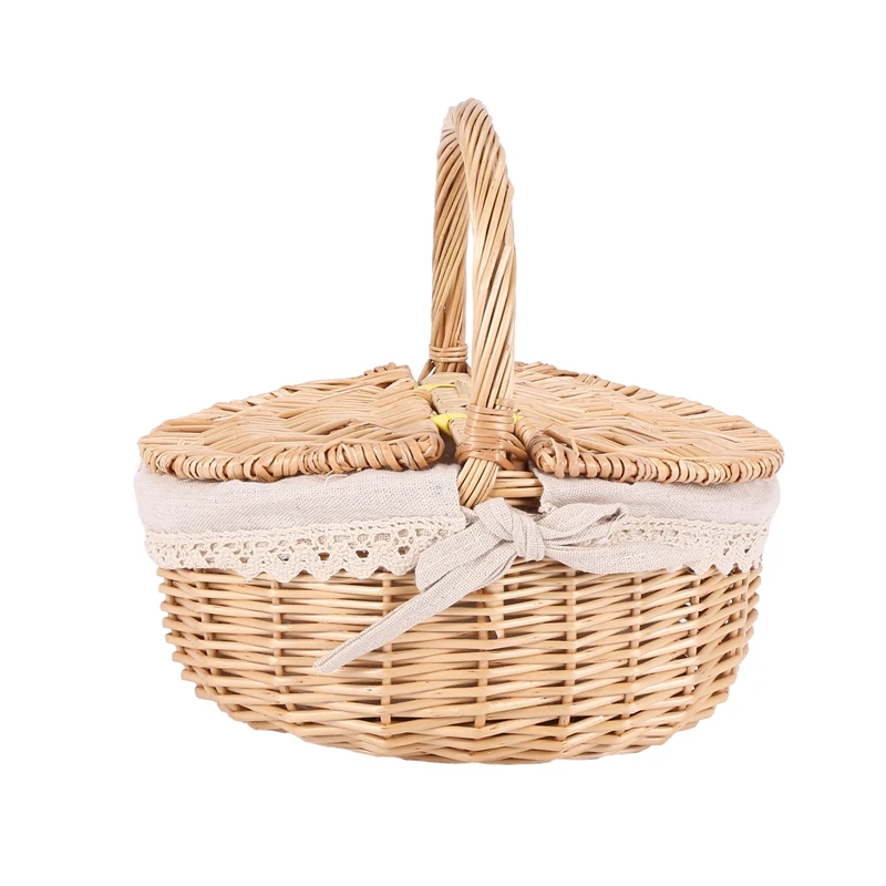

Handmade Wicker Basket with Handle Wicker Camping Picnic Basket with Double Lids Storage Hamper Basket with Cloth Lining Retail