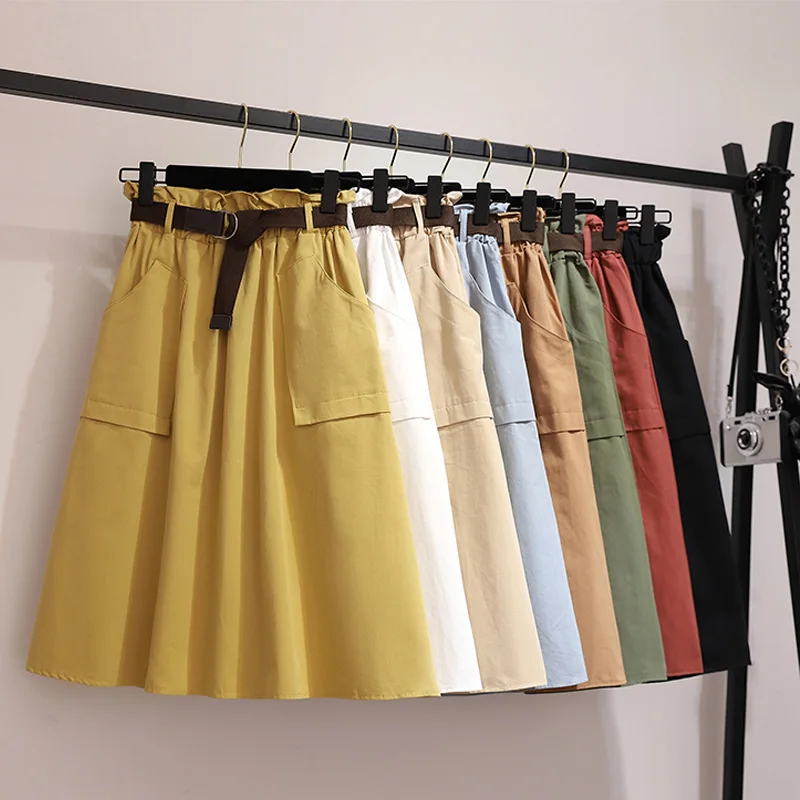 

Midi Knee Length Summer Autumn Skirt Women No Belt Casual Cotton Solid High Waist Sun School Skirt Female