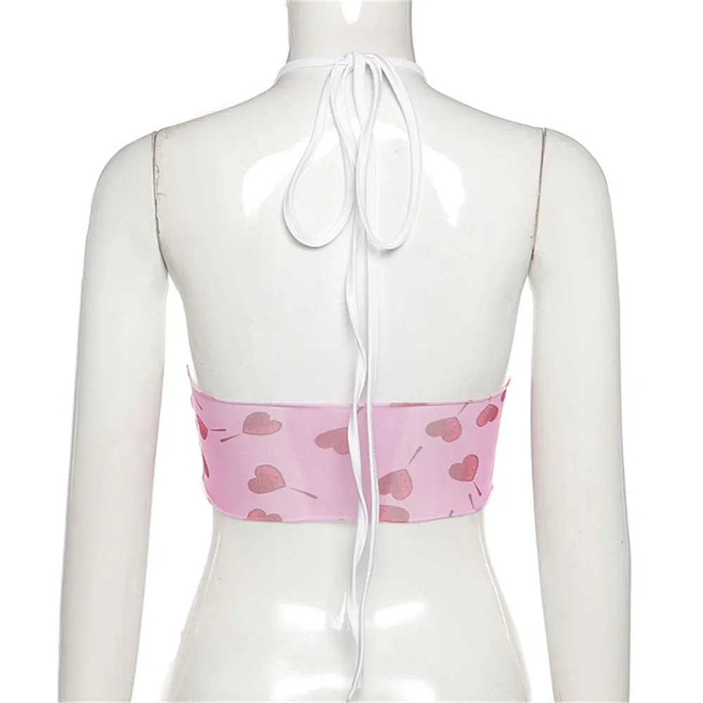 

2021 Summer Kawaii Women Pink Heart Print Crop Tops Sexy V-Neck Sleeveless Backless Mesh Camisole Nightclub