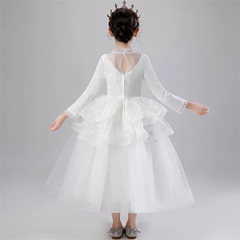 

Children Girls Elegant New Snow White Color Wedding Party Birthday Princess Long Dress Kids Teens Host Piano Costumes Prom Dress