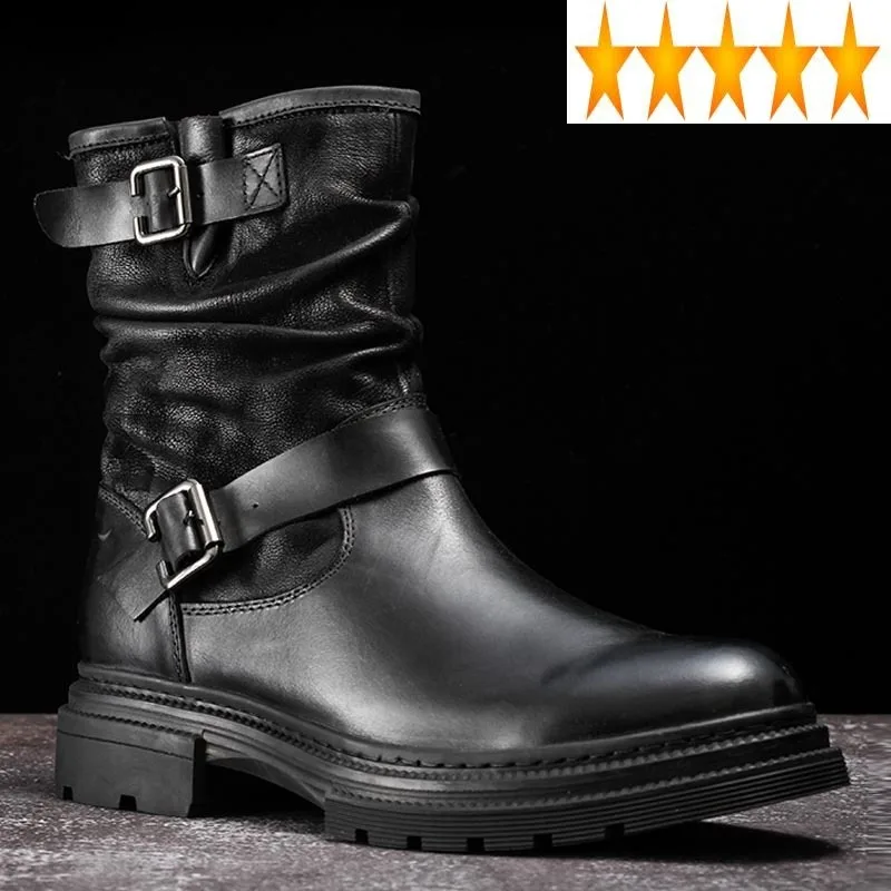 

Genuine British Retro Leather Winter Mens Mid Calf Belt Buckle Zipper Round Toe Thick Bottom Male Safety High Top Boots