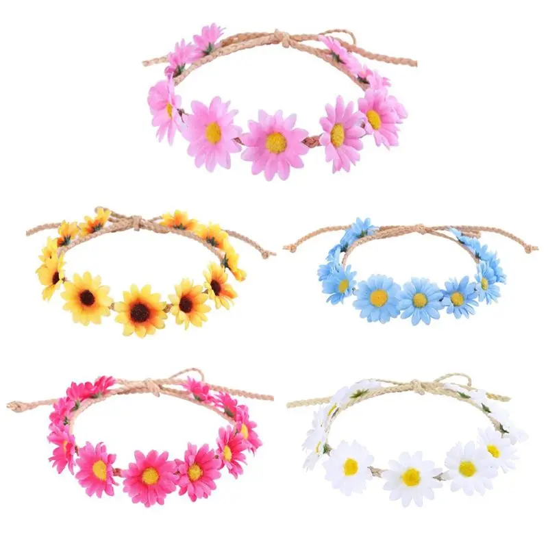 Sunflower Garland Floral Wreath Woven Daisy Headband for Women Female Girls Hat Hair Decorative Accessories A69F |