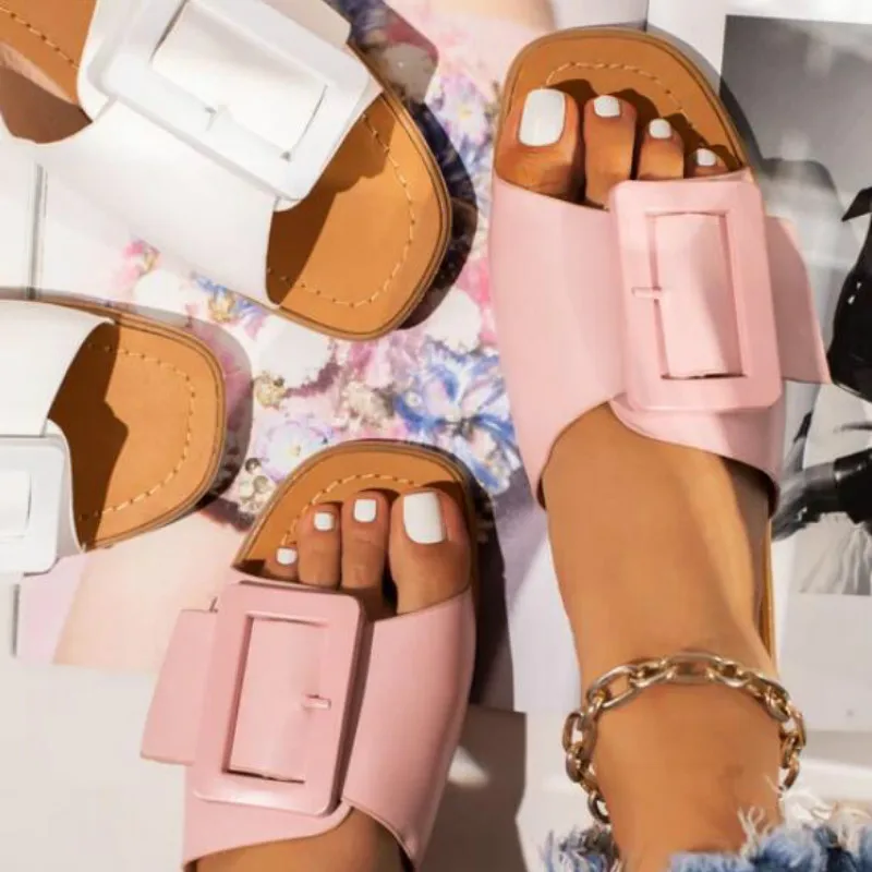 

Summer New Women Slippers Fashion Upper Buckle Decoration Flat Heel Peep Toe Fashion Elegant Beach Outdoor Slides