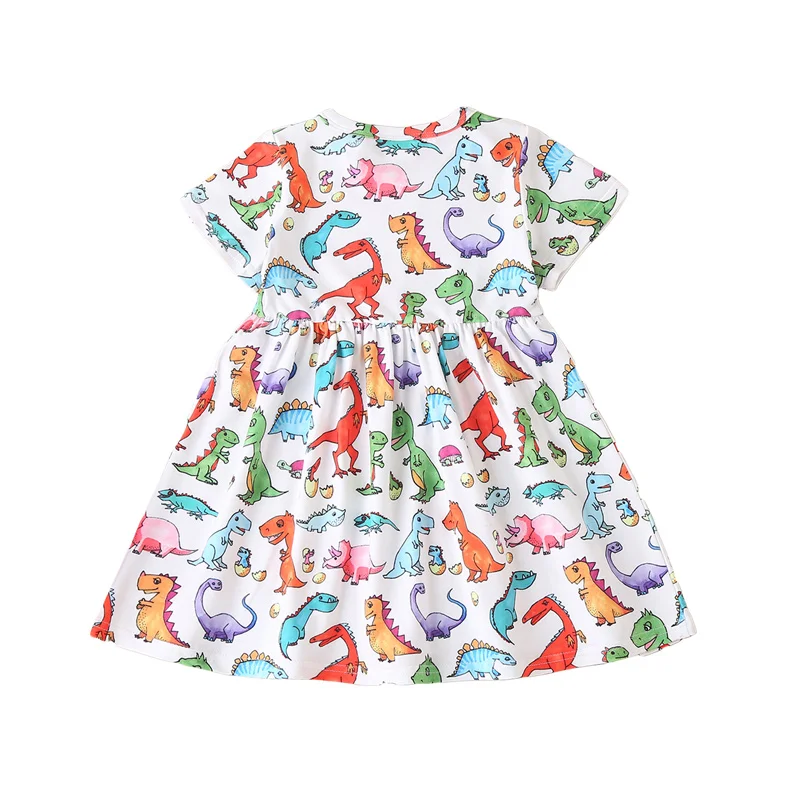 

2021 Baby Girls Short Sleeve cute Dress with Cartoon Dinosaur Print, Elastic Waist o-neck A-version Summer Clothing