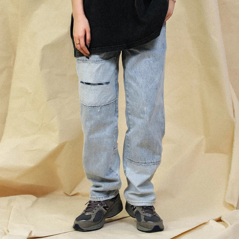 

Washed Distressed Ripped Jeans Mens Streetwear Patchwork Loose Straight-leg Denim Pants Destroy Trousers Men