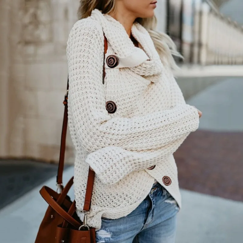 Women Turtleneck Knitted Sweaters Autumn Winter Solid Irregular Hem Long Sleeve Pullover Jumper Fashion Button Loose Sweater | Женская