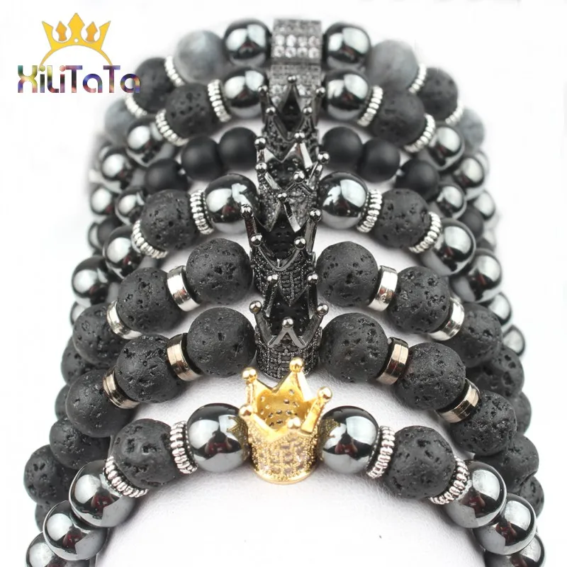 2020 New Fashion Women Men Bracelet Cz Crown King Charm Stone Beads Bracelets Black Agates Hematite Lava Elastic Yoga | Украшения и