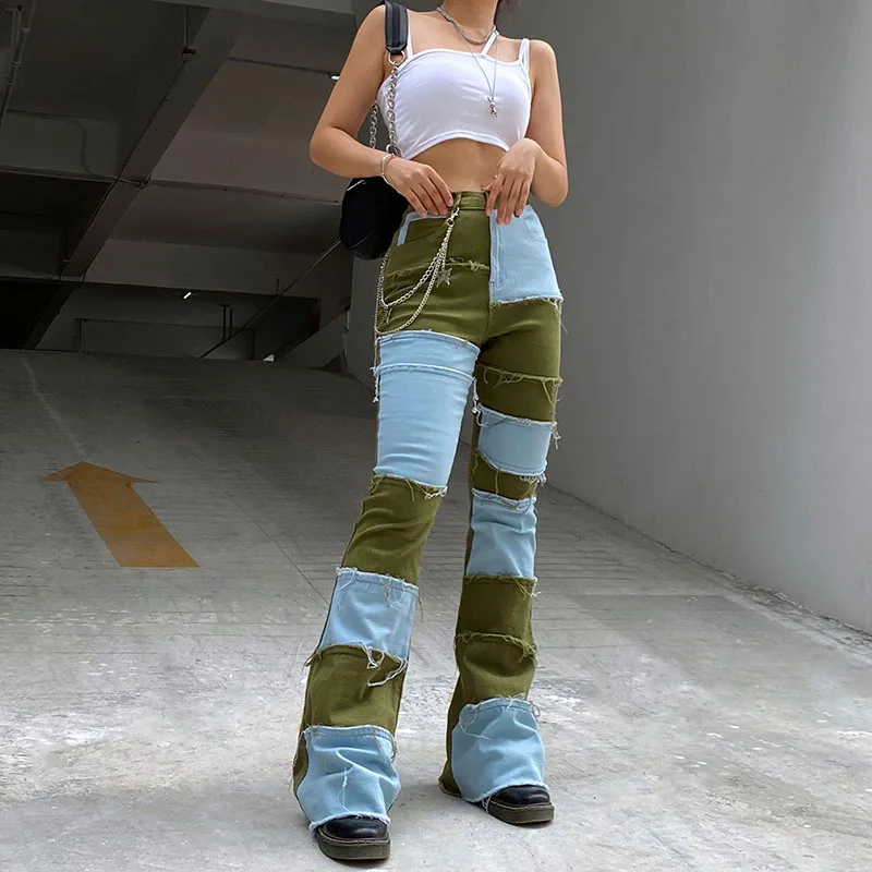

Rapcopter Patched Jeans Pants Women Y2K Pants High Waist Denim Pants High Street Streetwear Zipper Cargo Pants 90S Boyfriends