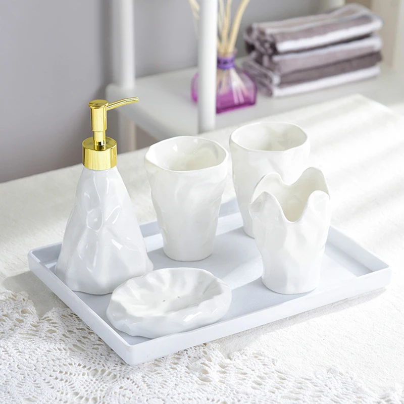 

5Pcs Ceramic Toiletries Bathroom Set Marble Porcelain Cup Toothbrush Holder Soap Dispenser Tray Bathroom Decoration Accessories