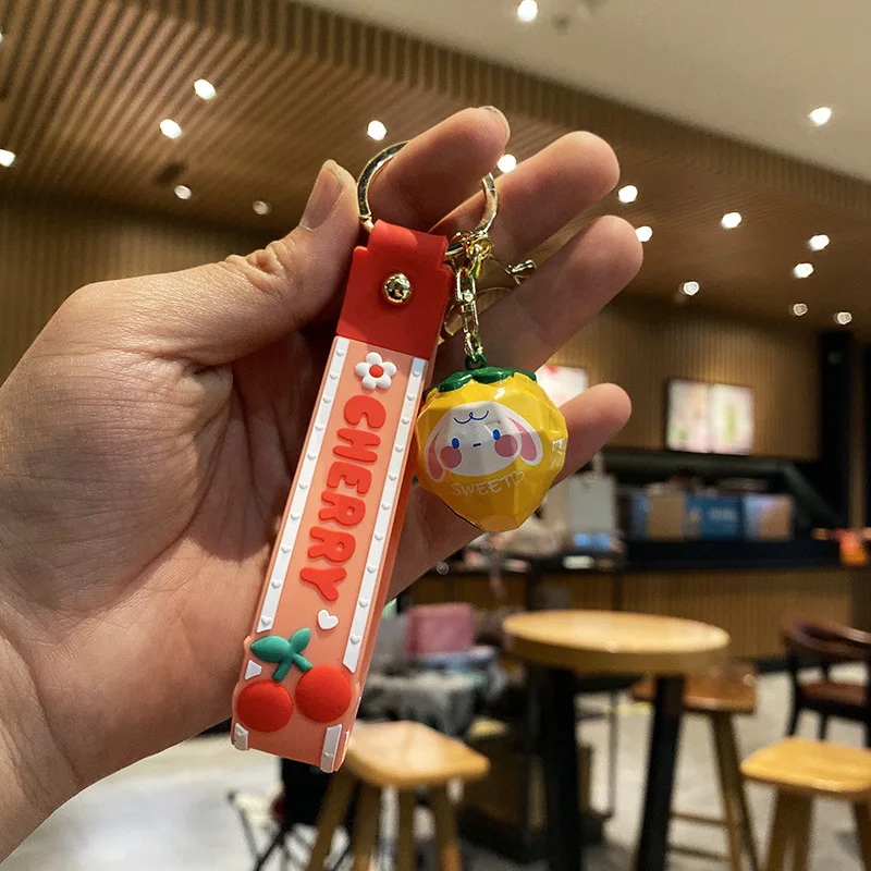 

Loveable Ins Strawberry Country Tide Metal Bell Key Ring Pvc Silicone Bag Animation Lovers Jewelry Pendant