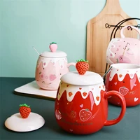 japanese style ceramic cute strawberry coffee mug with lid and spoon creative porcelain breakfast milk oatmeal cup drinkware