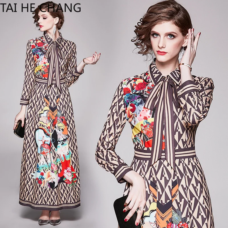 

Women Dress New Fashion Retro Spring Summer Elegant Slim Bodycon Vintage Party Runway Print Shirt Office Work Maxi Dresses 0509