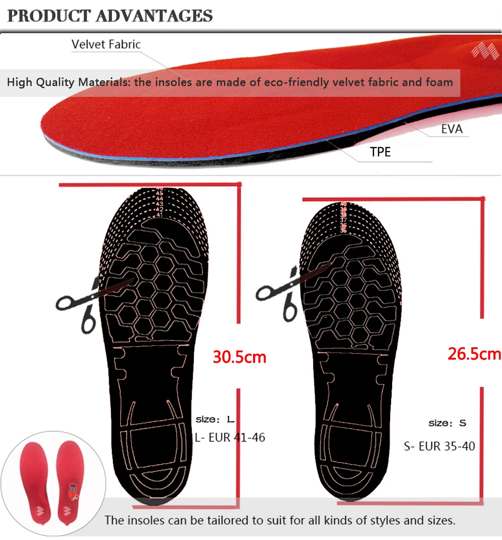 Unisex Electric Heated Insoles For  Winter Outdoor Sports  Warm Wireless Remote Control Heated Insoles Size EUR 35-46#Cut to Fit