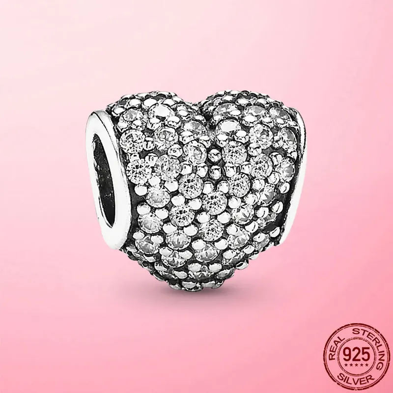 

Love Beads 925 Sterling Silver Classic Beads Clear Cubic Zircon Heart Charm Fit Original Bracelet DIY Women Jewelry Silver Gift