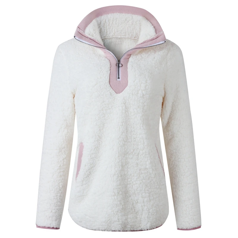

2x Women Sherpa Sweater Teddy Fleece Pullover Half Zipper Sherpa Fleece Tops Female Warm Coat Sweaters M White & Black