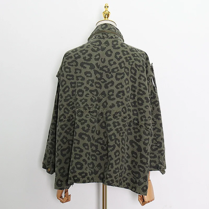 

Leopard Denim Jackets For Women Long Sleeve High Waist Drawstring Loose Oversize Hit Color Jackets Autumn Fashion New