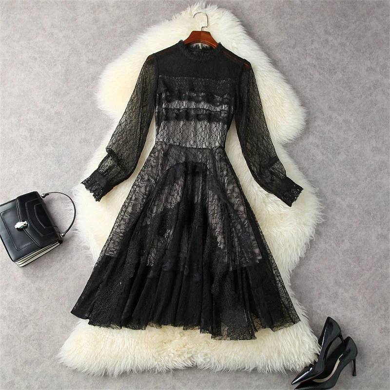 

Lady 2021 Autumn Designer Lantern Sleeve Ruffles Transparent Lace Dress for Women Fashion Celebrity Sexy Party Vestidos Black