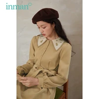 inman autumn winter womens dress 2021 with bandage pastoral vintage lapel chic buttons cuffs a line khaki females clothing