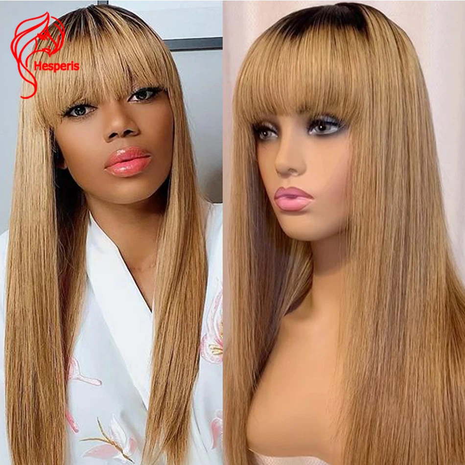 

Hesperis #27 медовый блонд Омбре человеческие волосы парики с челкой для черных женщин без клея машинная работа полный парик Remy бразильский Топ д...