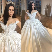 hot new luxury wedding dresses 3d flowers lace applique beaded satin crystal off shoulder court train arabic dubai