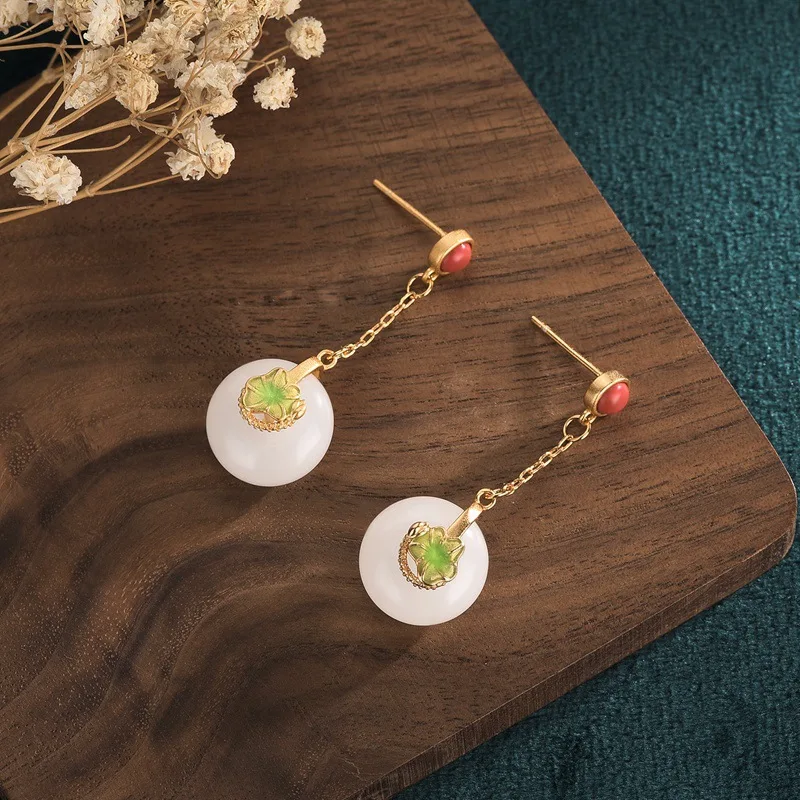 

2021 New Trend Palace Style Enamel Inlaid Lotus Hanging Earrings White Jade Noble Jewelry Earrings For Women
