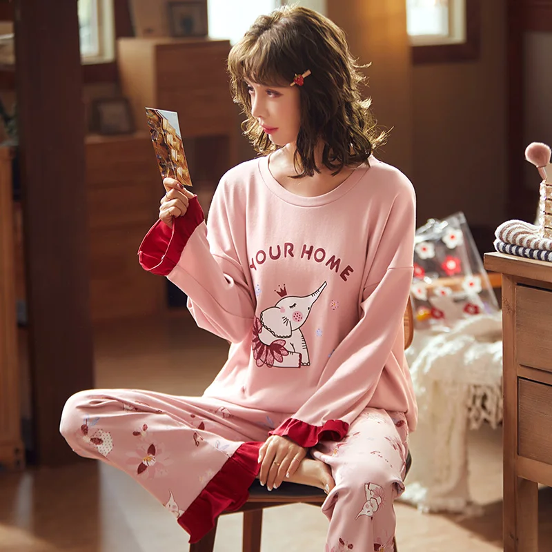 

Spring And Summer Cartoon Cute Pajamas Women Cotton Full Sleeve Can Wear Outside Leisurewear Suit