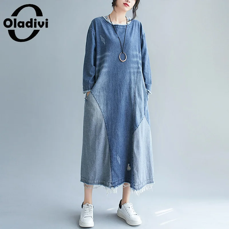 

Женское джинсовое платье Oladivi, джинсовое повседневное свободное платье большого размера с длинным рукавом, модель 2021 на осень, 293