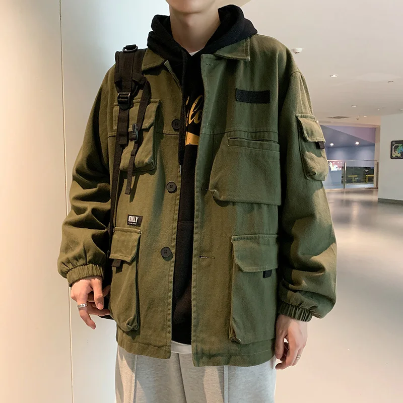 Army green Мужская Рабочая одежда, пальто, верхняя одежда, уличная Куртка карго-бомбер, свободная хлопковая черная/зеленая ветровка, большой размер M-5XL - Цвет: Army green