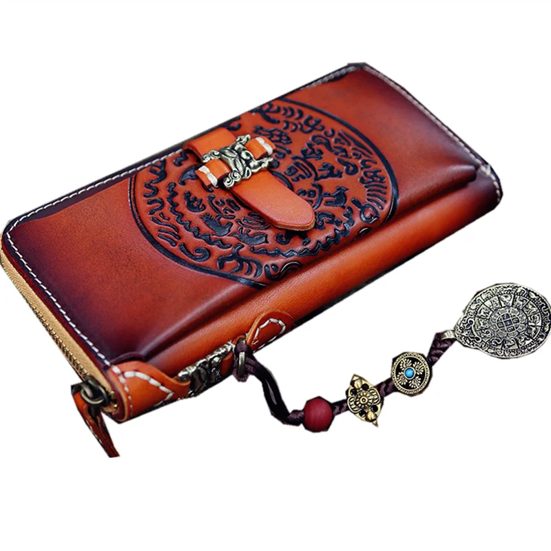 

Women Men Wallets Purses Long Brown Clutch Vegetable Tanned Leather Zipper Handmade Wallet Portfel Damski