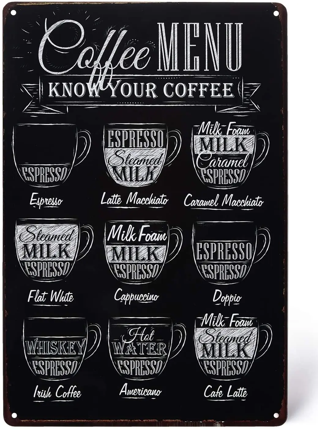 

UNIQUELOVER Coffee Bar Sign, Coffee Menu Know Your Coffee Metal Signs Kitchen Decor and Accessories 8 X 12 Inches, Small