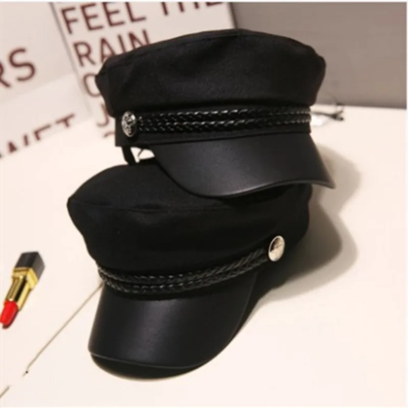 

Fashion Women Men Military Hat Spring Autumn Sailor Hats Black Ladies Beret Caps Flat Top Captain Cap Travel Cadet Octagonal Hat