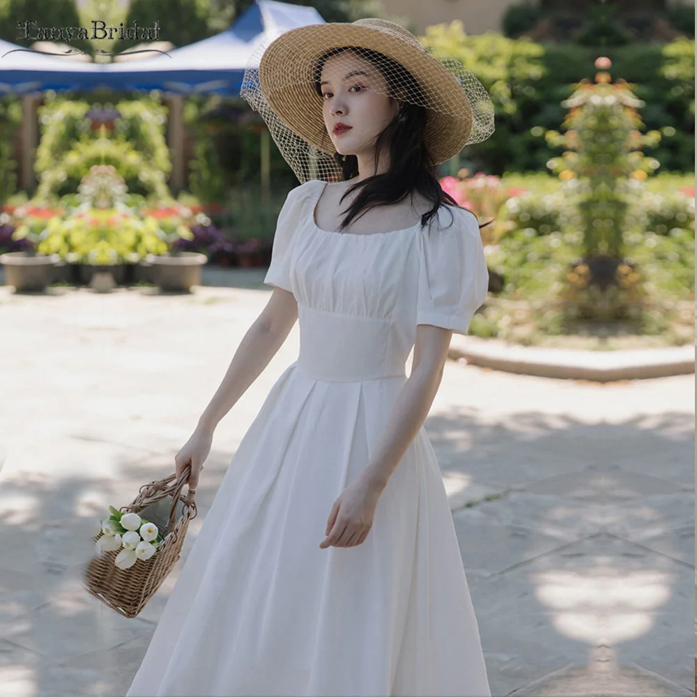 

Puff Sleeve Vintage wedding Dresses Tea Length Elegant Bridal Gowns Scoop Neck Engagements Noivas Chic DW557
