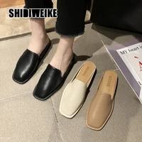 square toe flat mules women shoes pu leather slip on flats shoes for women ladies flip flops 2021 spring slides vb054