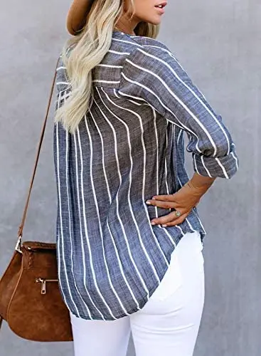 

Astylish Womens V Neck Striped Roll up Sleeve Button Down Blouses Top