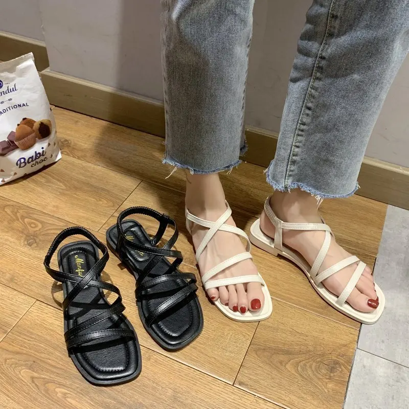 

Sandals Elastic Band Flat Summer Shoes Woman Clear Heels All-Match Suit Female Beige Slip-on Without Gladiator 2021 Black Fashi