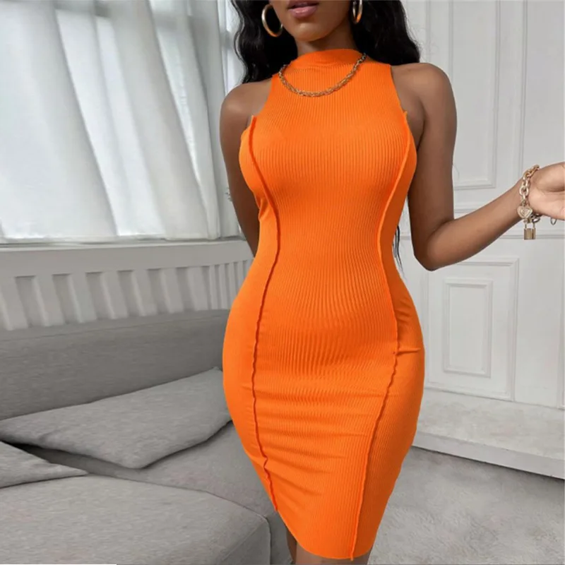 

2021 summer European and American solid color dress new sleeveless short skirt sexy vest bag hip skirt