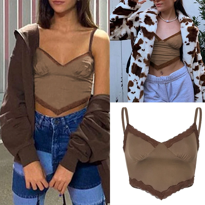 

Women's Fashion Sexy Lace Stitching Solid Color Sling Bottoming Vest Brown