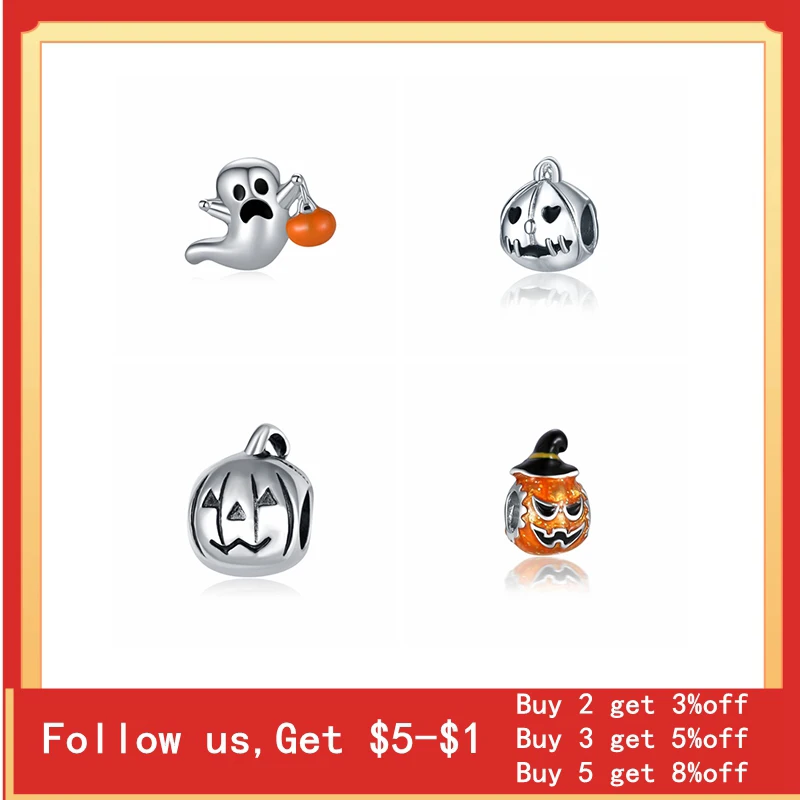 

KOJ Dripping Oil Beads Cartoon Funny Pumpkin Skull Ghost Charms Bead Fit Original Pandora Bracelet Jewerly For Halloween Gifts
