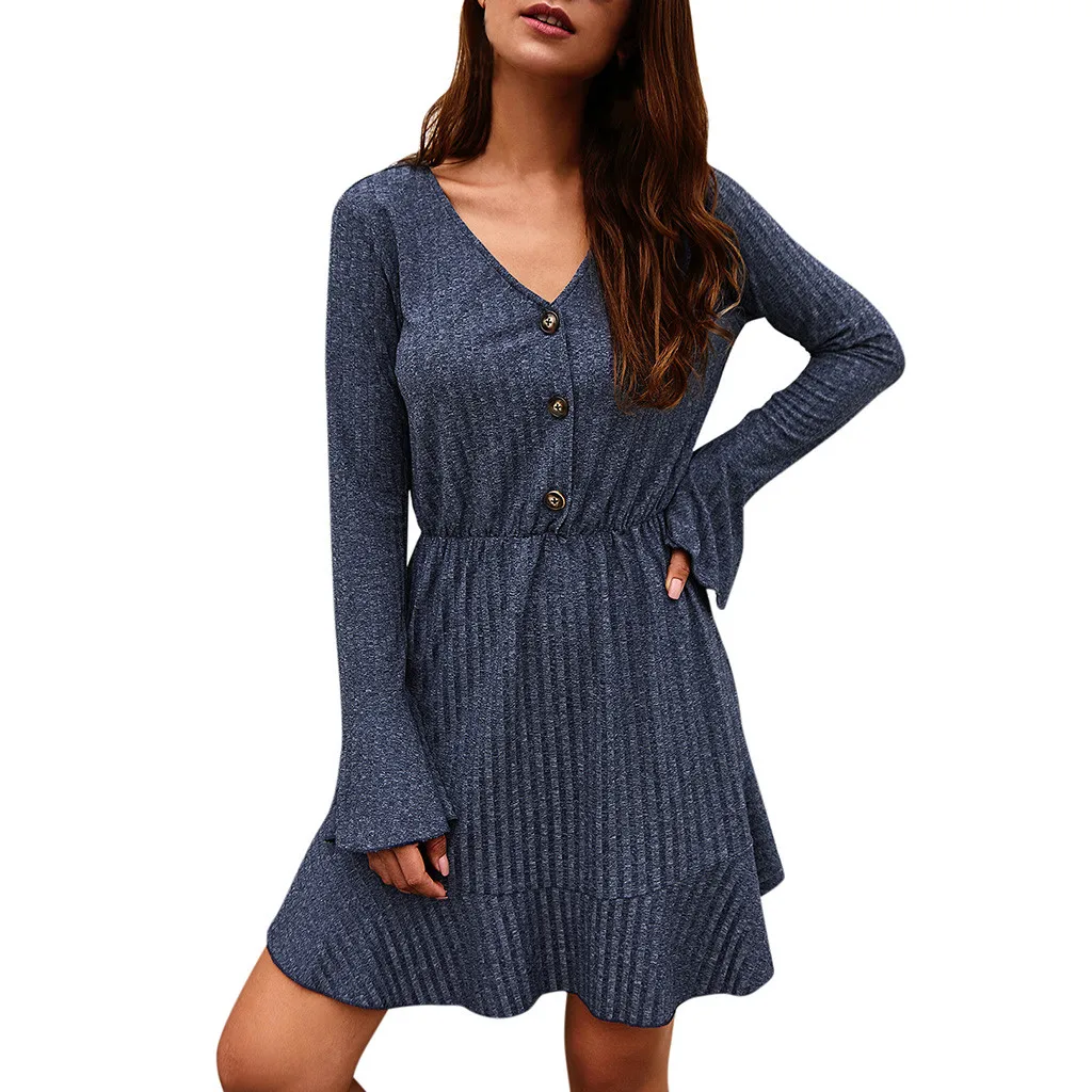 Вязаное платье для женщин Осеннее модное повседневное женское с v образным