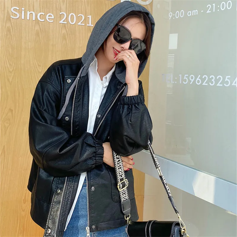 Streetwear Casual Fake Two-piece Hooded Patchwork PU Leather Jacket Women Beige Black Short Motorcycle Jacket Spring Autumn New enlarge