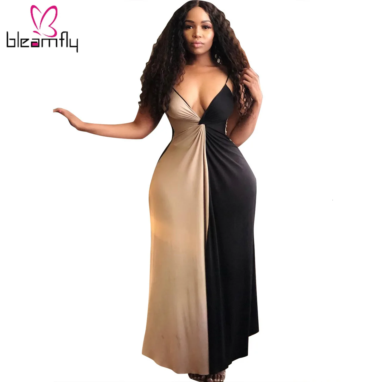 2019 женское летнее длинное платье на тонких бретелях с высокой талией и глубоким v