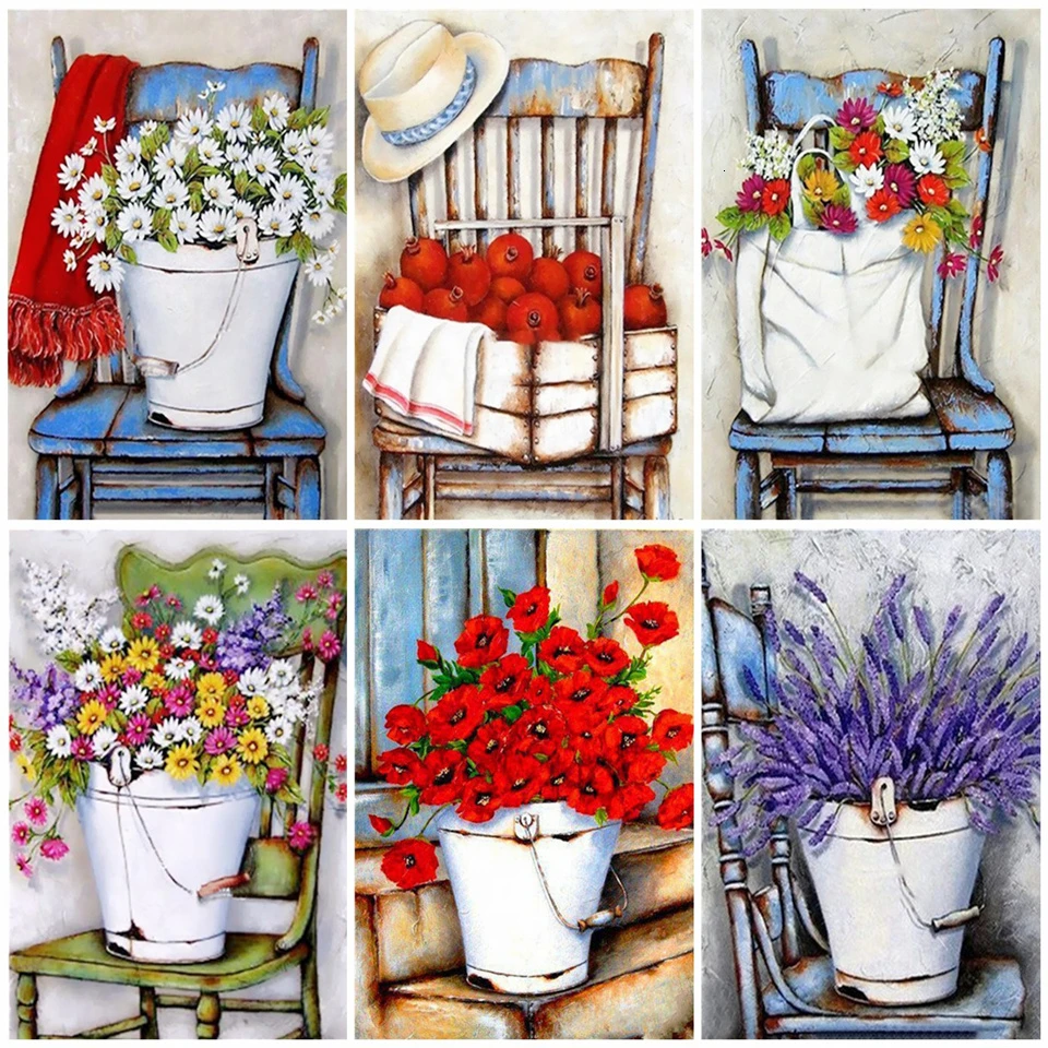 Квадратная алмазная живопись AZQSD картина с цветами стульями 5D ручная работа