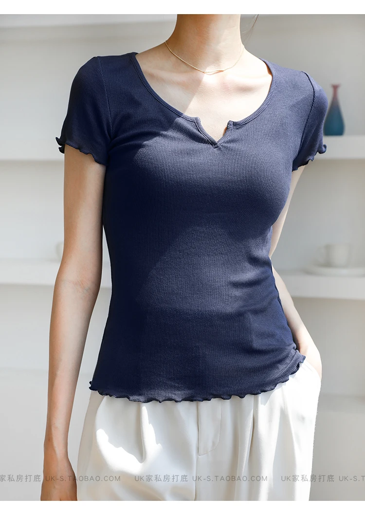Женская тонкая Базовая рубашка, облегающий эластичный хлопковый топ в рубчик, шикарная Футболка с оборками и коротким рукавом, на лето Женская тонкая Базовая рубашка, облегающий эластичный хлопковый топ в рубчик, шикарная Футболка с оборками и коротким рукавом, на лето