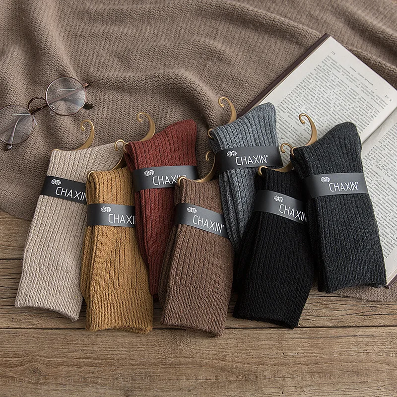 Winter Wool Thicken Warm Socks Women High Solid Long Loose Basics Casual Cotton Japanese Style Harajuku Sox Dark Grey Black Hot