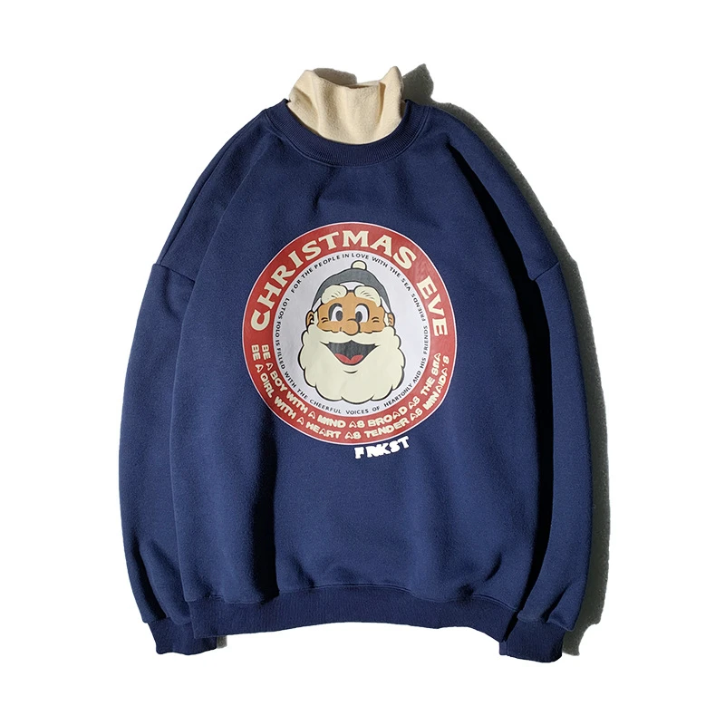 

2020 Autumn and Winter Casual Fashion Retro High Neck Sweater Casual Santa Print Couple Fake Two Plus Velvet Jacket Costume