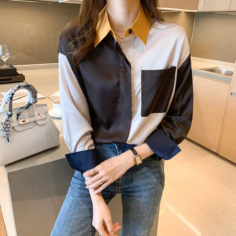

Fall 2021 new satin lapel shirt women's long-sleeved fashion color matching mulberry silk shirt womens tops button up shirt