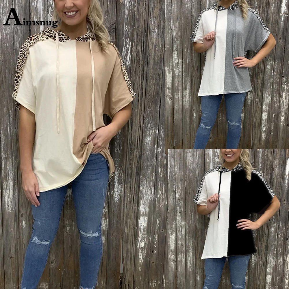 

Aimsnug 2021 Women New Patchwork Tops Plus Size 3xl Female Summer Half Sleeve Hooded T-Shirt Loose Tees Shirt Casual Pullovers