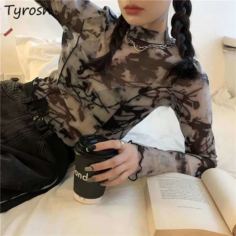 

Футболки с длинным рукавом Tie Dye, Женский дизайнерский привлекательный тонкий топ с защитой от солнца, базовое нижнее белье, прозрачные футб...